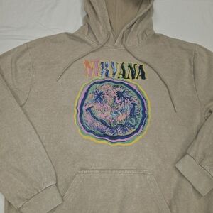 Nirvana  Smiley Face Mineral Washed Tan Hoodie for Men or Women Sz L